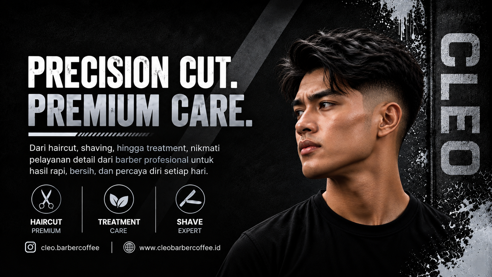 Banner Precision Cut, Premium Care - Cleo Barber Coffee